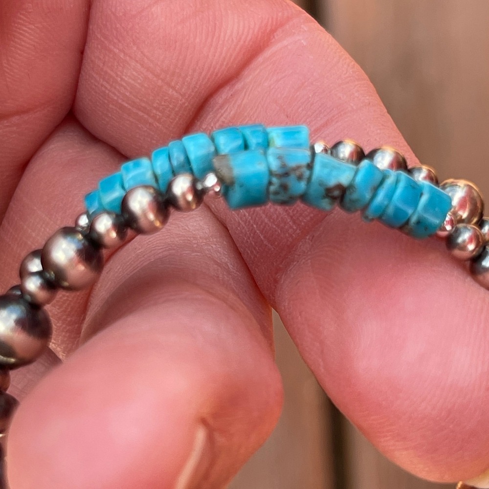 Navajo Made Turquoise and Sterling Silver Pearls Strung on Memory Wire 5-8" - Picture 4 of 7